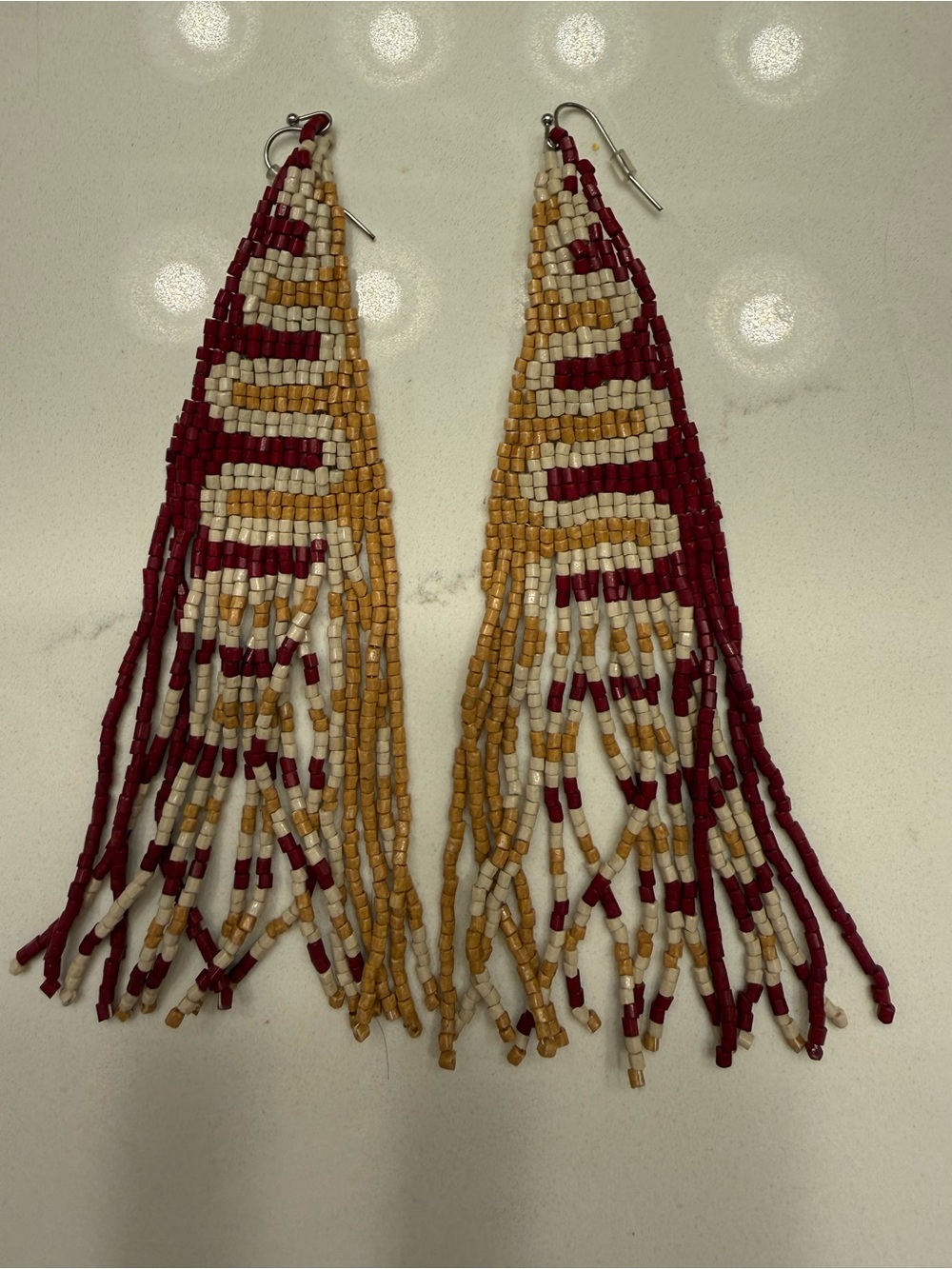 Handmade Beaded Fringe Earrings - Maroon, Gold & White